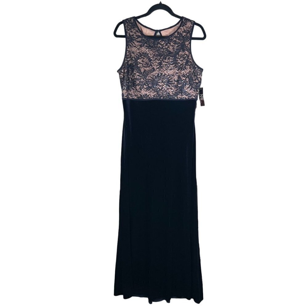 NWT Nightway Womens Size 12 Navy Maxi Formal Dress Lace Sequin Bodice and Velvet